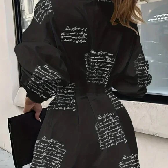 Black Script Print Shirt Dress – XXL Long Sleeve Button-Down Mini - Picture 4 of 4